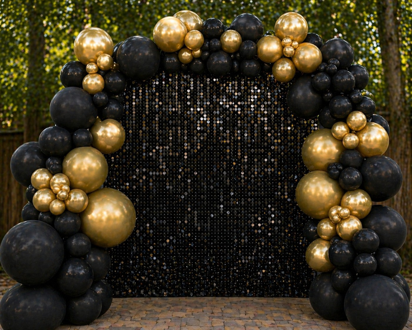 Alternate Tier 3 Graduation Balloon arch with black and gold balloons in front of a sequin curtain